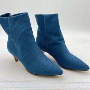 Blue Women Classic Kitten Heel Ankle Boots Pointed Toe Low Heels Wide Calf